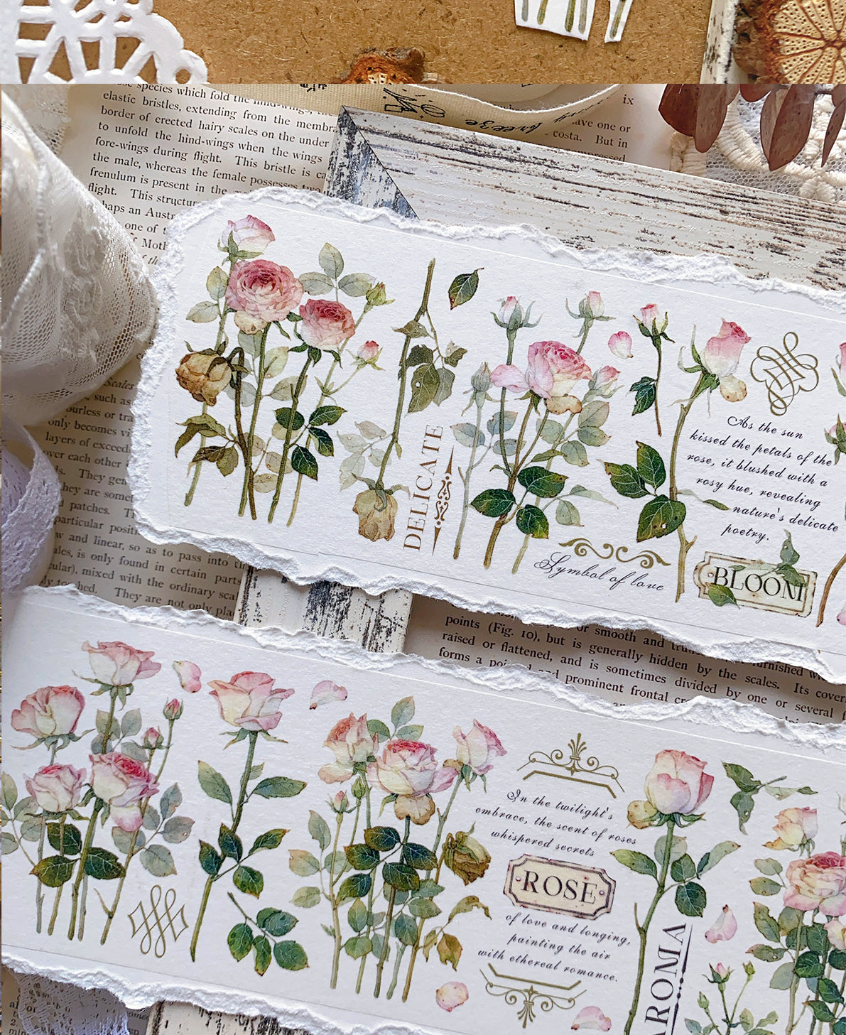 BaiCang【Rose Garden】Orginal Design Washi/Pet Tape Light Retro Landscaping Stickers,for Scrapbook Supplies,Scrapbook Tape Stickers,Junk Journal Supplies