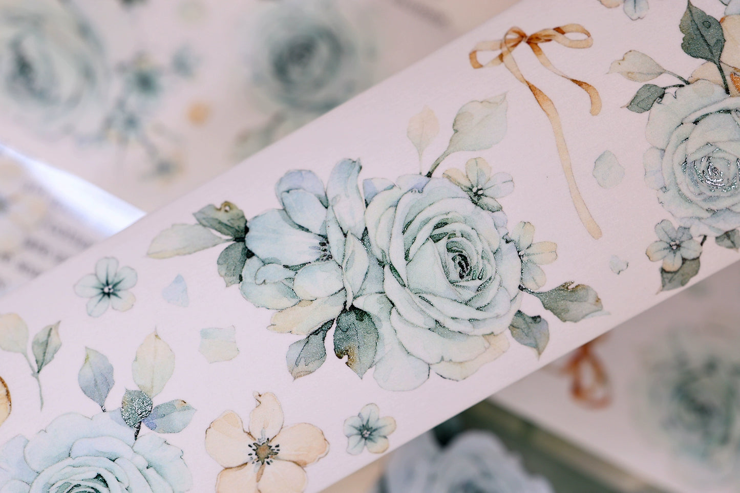 XiaoBaiJia【Clear Sky/Morning Mist】Light Retro Mint Green Flower Orginal Design Washi Pet Floral Tape Landscaping Stickers
