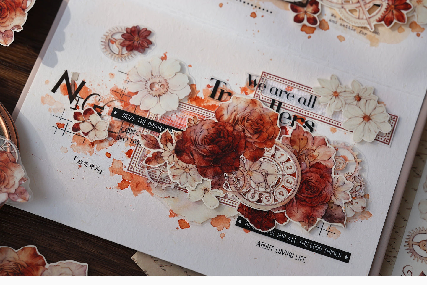 XiaoBaiJia【Flower Language Time】Light Retro Gear Red Moon Season Follower Orginal Design Washi Pet Tape Landscaping Stickers