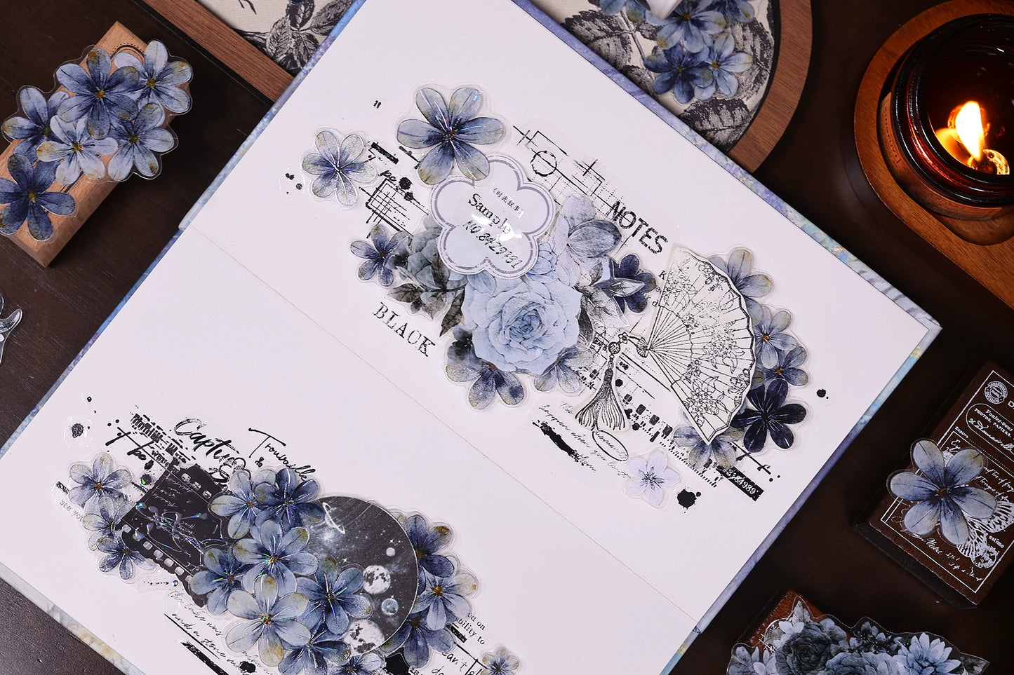 XiaoBaiJia【Deep Blue】Light Retro Blue-Black Flower Orginal Design Washi Pet Floral Tape Landscaping Stickers