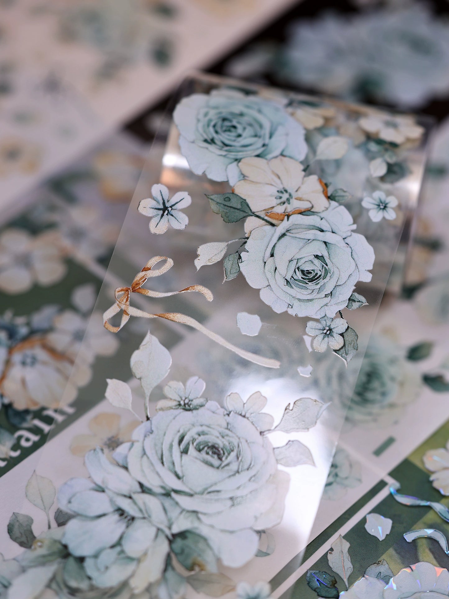 XiaoBaiJia【Clear Sky/Morning Mist】Light Retro Mint Green Flower Orginal Design Washi Pet Floral Tape Landscaping Stickers