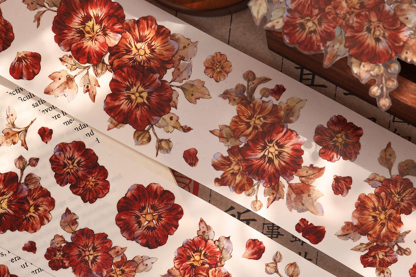 XiaoBaiJia【Hollyhock】Light Retro Red Orange Large and Small Flowers Orginal Design Washi Pet Tape Landscaping Stickers