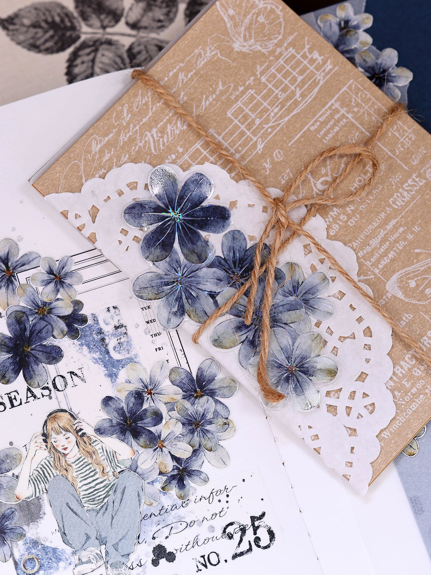 XiaoBaiJia【Deep Blue】Light Retro Blue-Black Flower Orginal Design Washi Pet Floral Tape Landscaping Stickers
