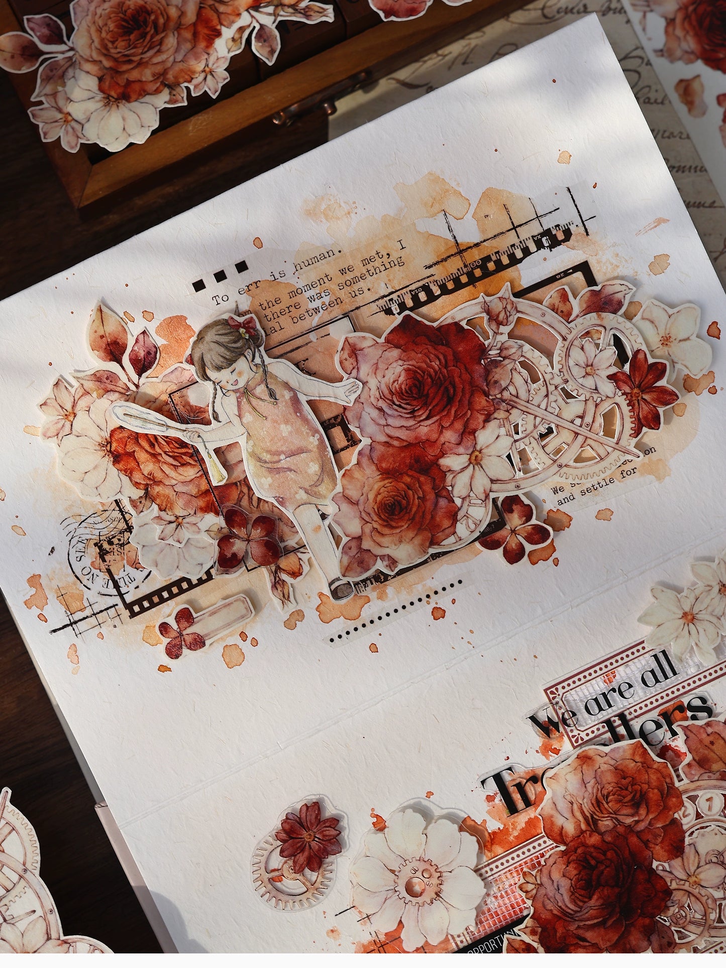 XiaoBaiJia【Flower Language Time】Light Retro Gear Red Moon Season Follower Orginal Design Washi Pet Tape Landscaping Stickers
