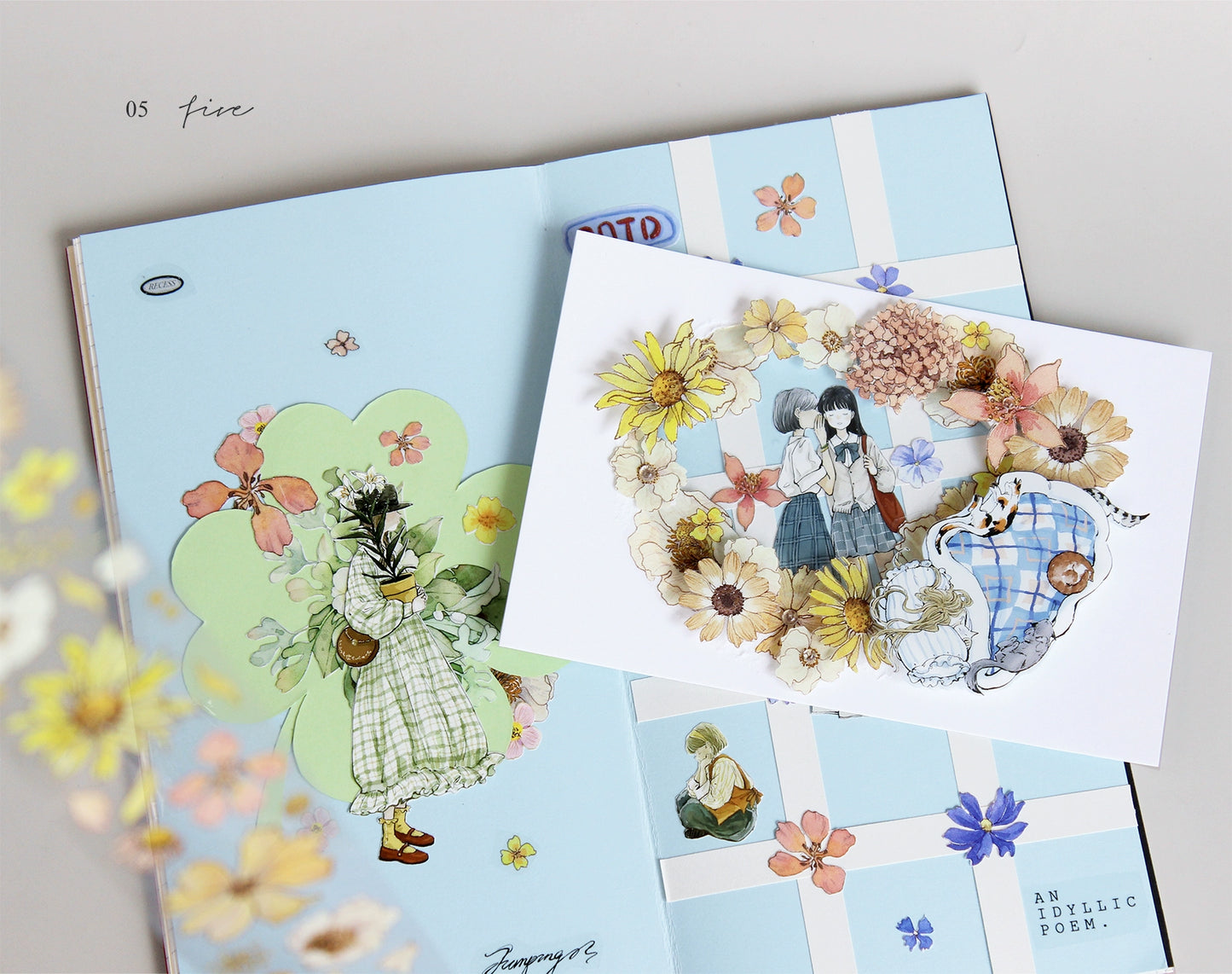 Moodtape【Pure Grid Pattern&Wind Blows Thoughts&Blue Seasons&Bright Sunshine】Cute Character Original Washi Tape Stickers,for Scrapbook Supplies,Scrapbook Tape Stickers,Junk Journal Supplies
