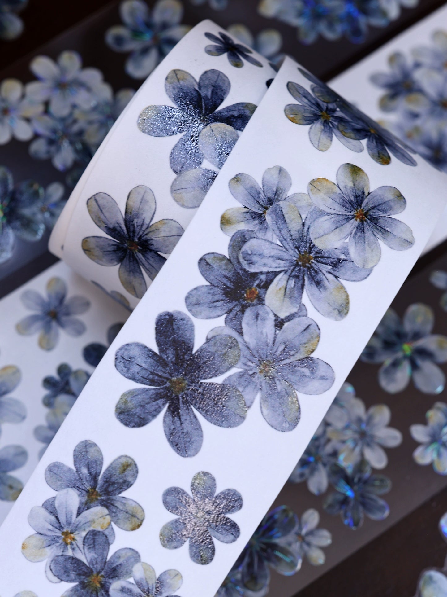 XiaoBaiJia【Deep Blue】Light Retro Blue-Black Flower Orginal Design Washi Pet Floral Tape Landscaping Stickers