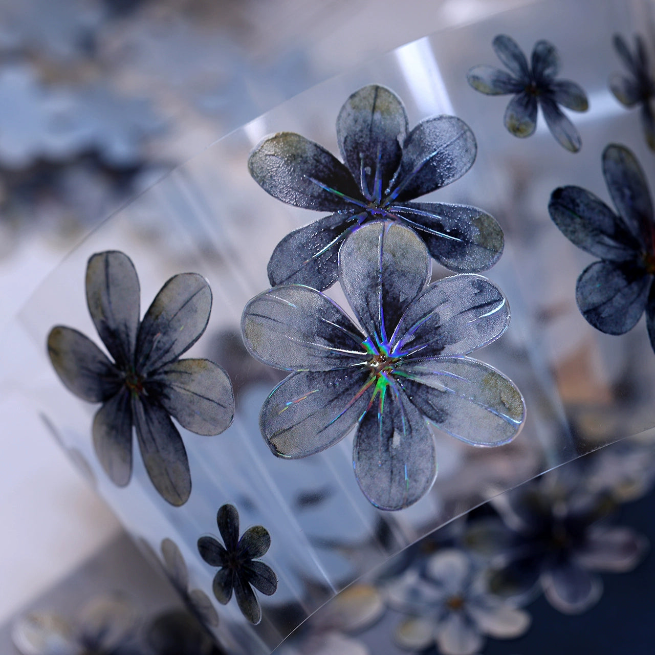 XiaoBaiJia【Deep Blue】Light Retro Blue-Black Flower Orginal Design Washi Pet Floral Tape Landscaping Stickers