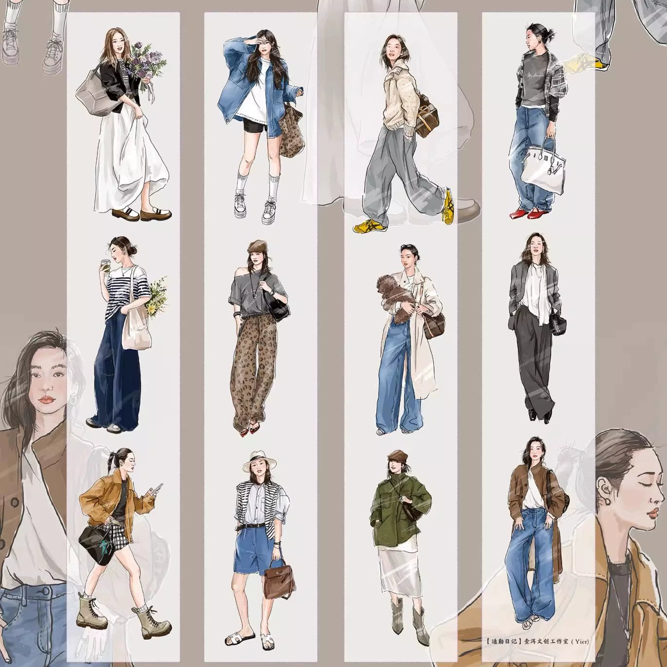 YiEr Vol14 【Commuting Diary】Pre-cut Light Retro Urban Girl Character Orginal Design Washi Pet Tape Stickers