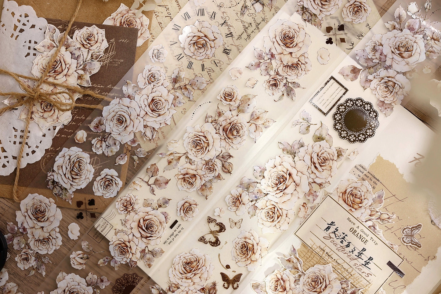 XiaoBaiJia【Gentle Under the Moon】Light Retro Orginal Design Washi Pet Chinese Rose Floral Tape Light Retro Landscaping Stickers