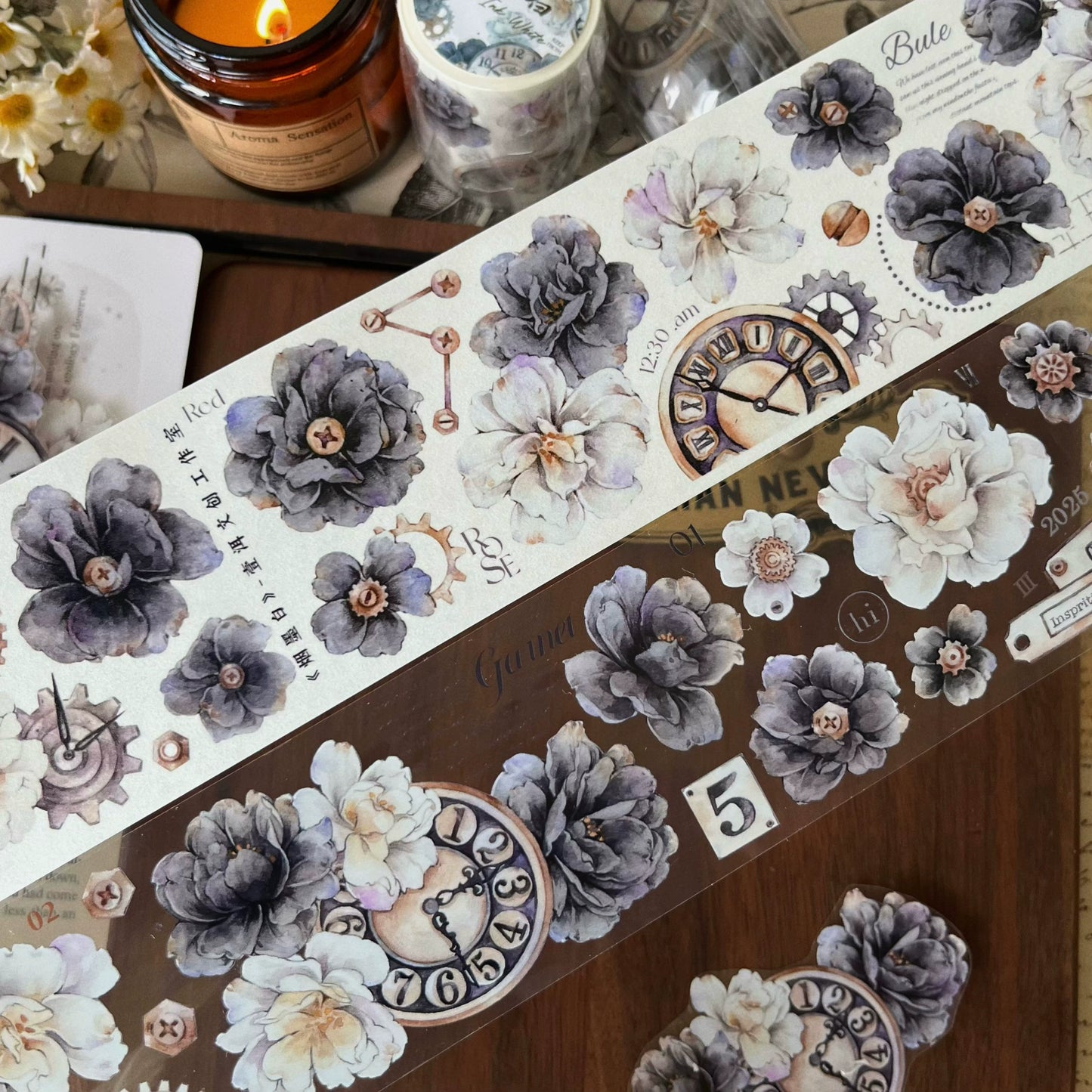 YiEr Vol13【Smoke Ink White】Orginal Design Washi/Pet Floral Tape Light Retro Landscaping Stickers