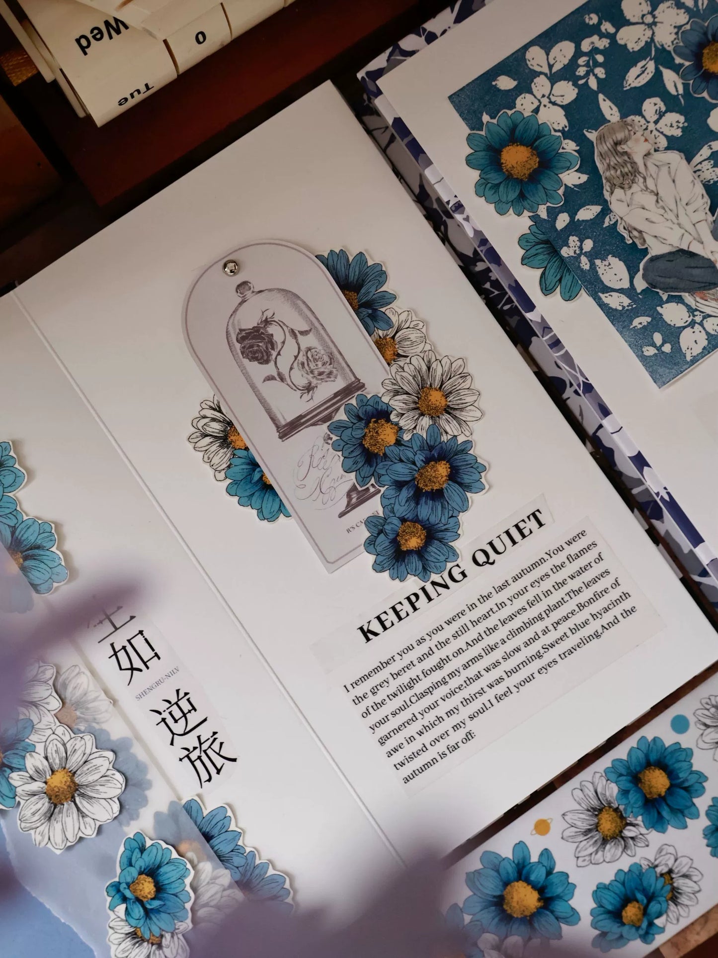 YiEr Vol14【Van Gogh Gardens】Blue Chrysanthemum Floral Washi Tape and PET Stickers