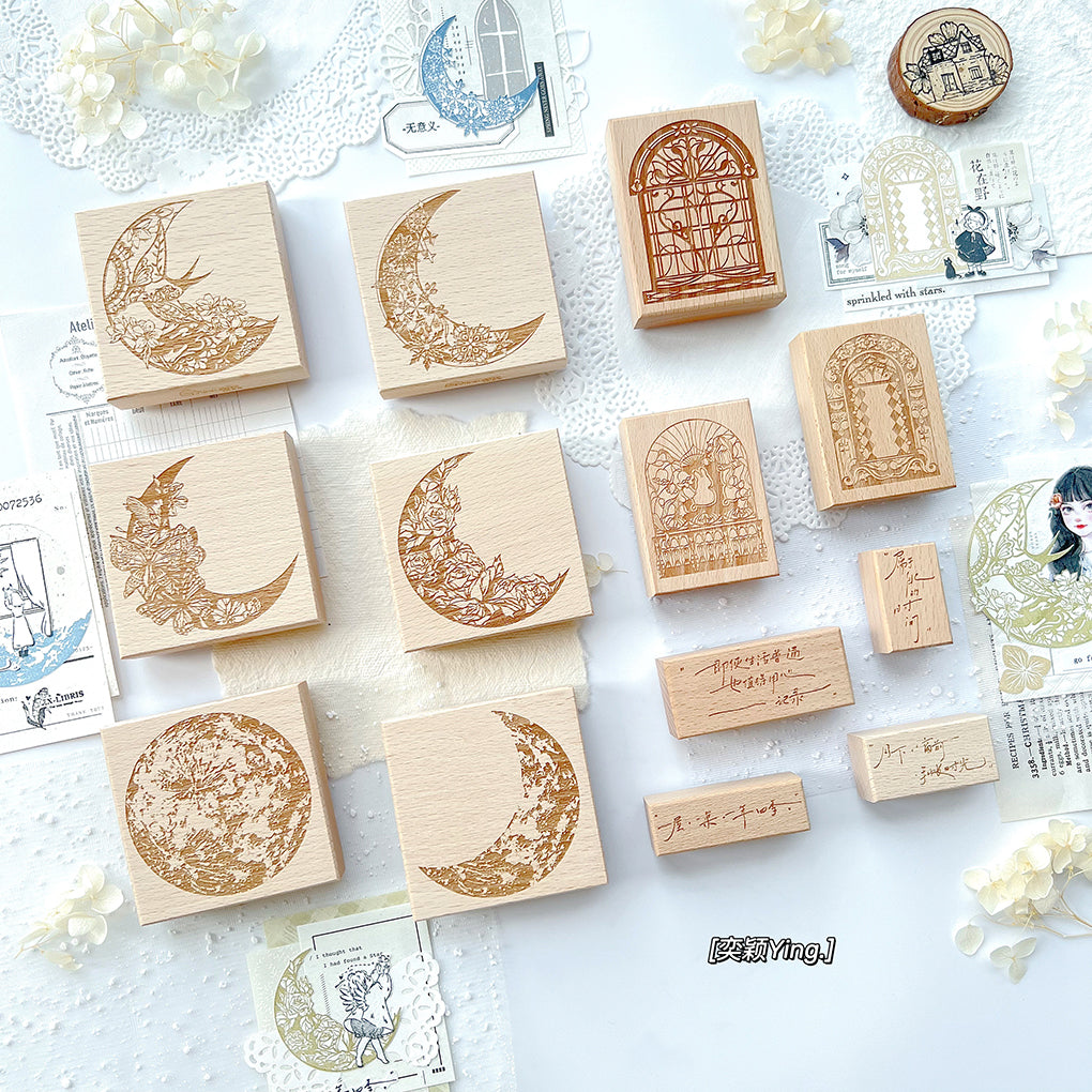Yiying Yimengwu 【Window Under the Moon】Light Retro Moon Window Wooden Stamp