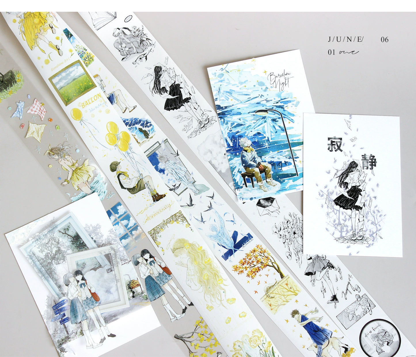 Moodtape【Pure Grid Pattern&Wind Blows Thoughts&Blue Seasons&Bright Sunshine】Cute Character Original Washi Tape Stickers,for Scrapbook Supplies,Scrapbook Tape Stickers,Junk Journal Supplies