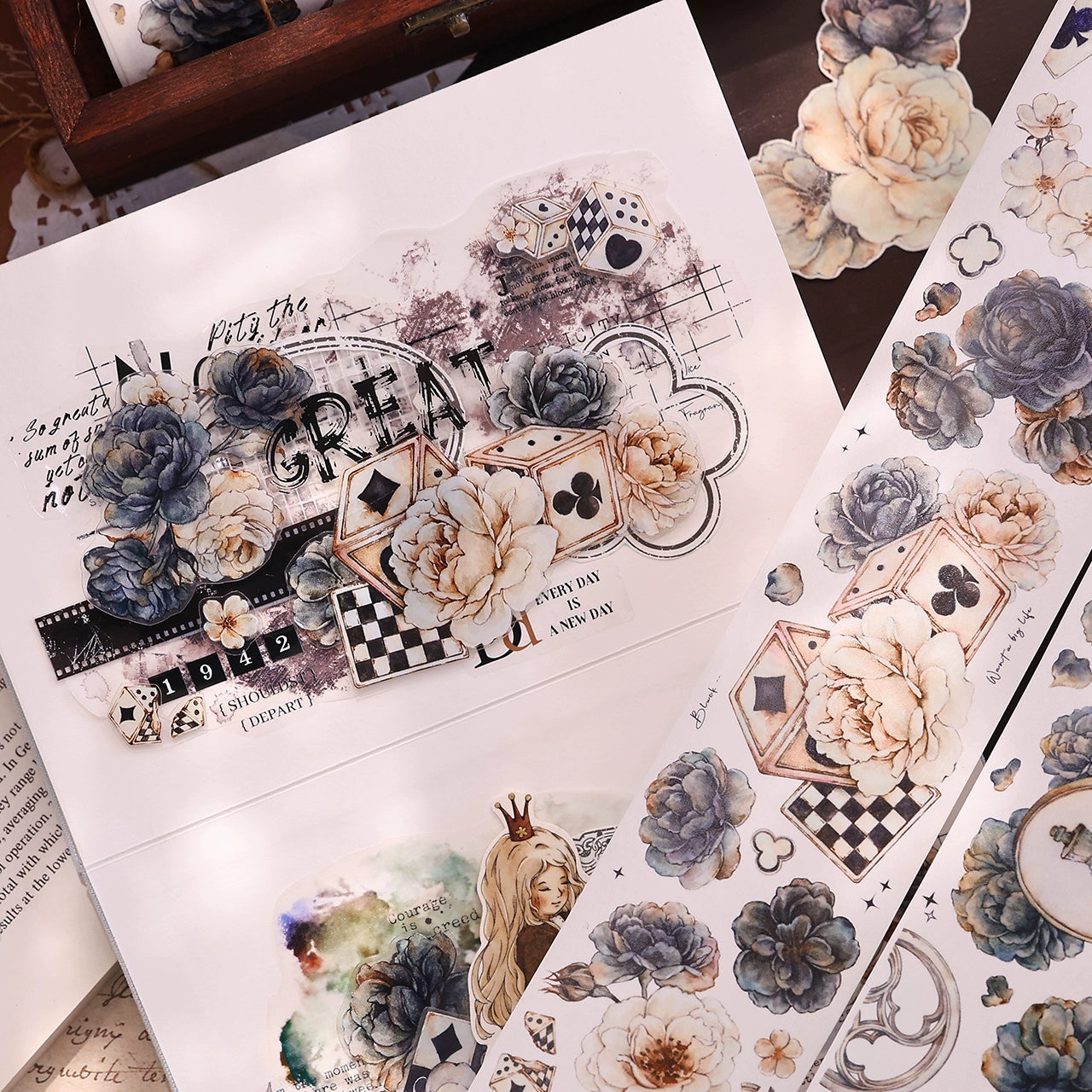 XiaoBaiJia【Black and White Dream】Light Retro Rose Black and White Follower Orginal Design Washi Pet Tape Landscaping Stickers