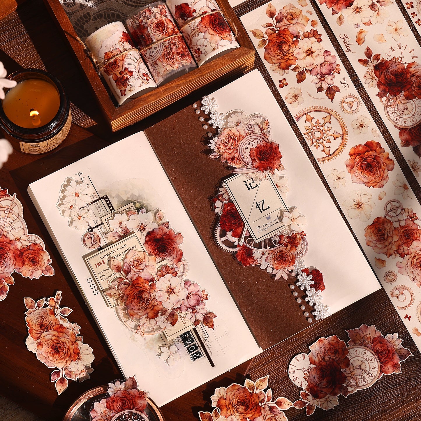 XiaoBaiJia【Flower Language Time】Light Retro Gear Red Moon Season Follower Orginal Design Washi Pet Tape Landscaping Stickers