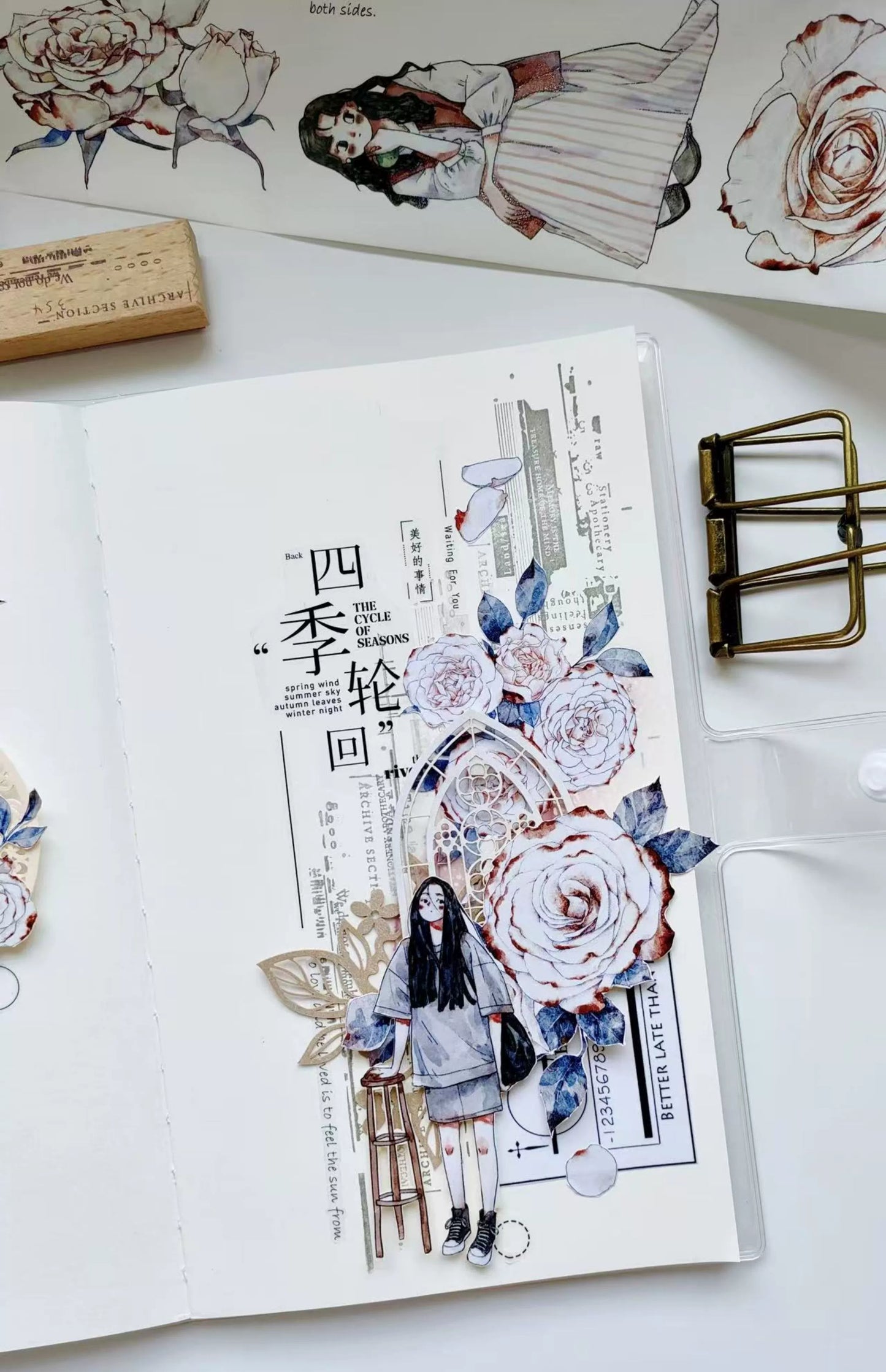 Kaixiaoxun Vol9 【Spring is Shallow】 Pre-Cut Long Loop Washi/Matte PET Tape for Scrapbook Supplies,Junk Journal Supplies