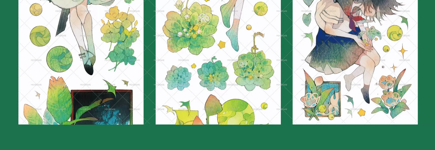 Moodtape【At Dusk in Spring and Green Mountains】Original Character Elf Design Washi/Pet Tape Stickers,for Scrapbook Supplies,Scrapbook Tape Stickers,Junk Journal Suppliesmoodtape