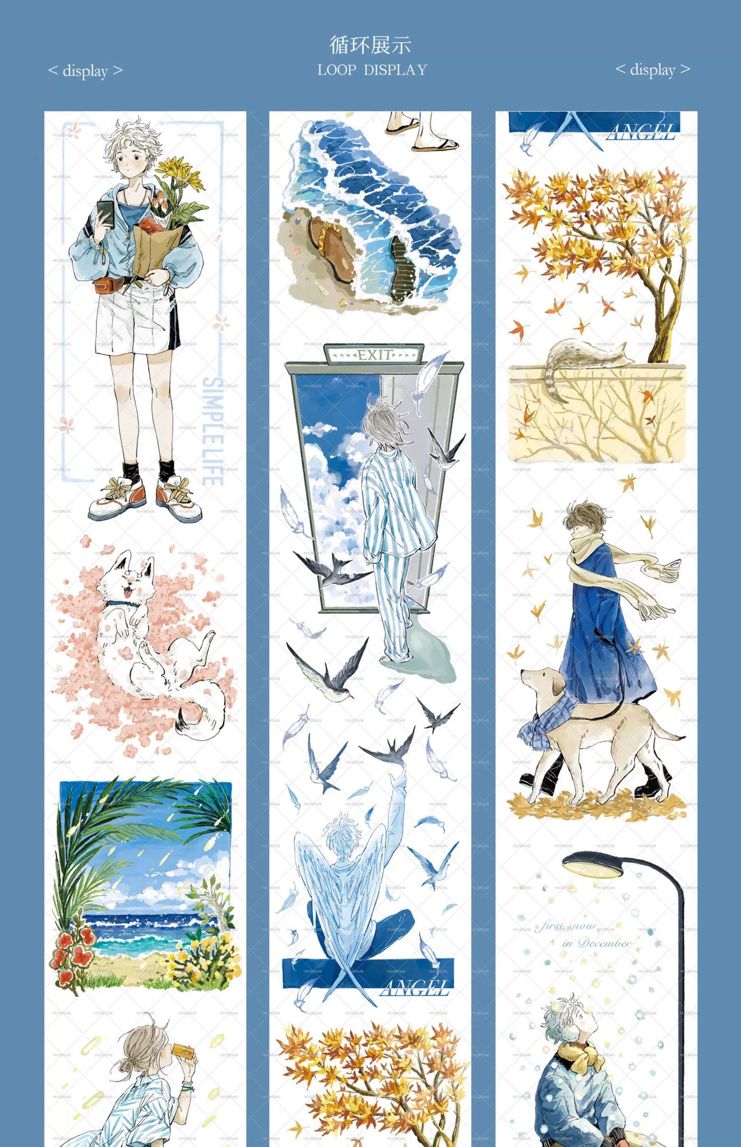 Moodtape【Pure Grid Pattern&Wind Blows Thoughts&Blue Seasons&Bright Sunshine】Cute Character Original Washi Tape Stickers,for Scrapbook Supplies,Scrapbook Tape Stickers,Junk Journal Supplies