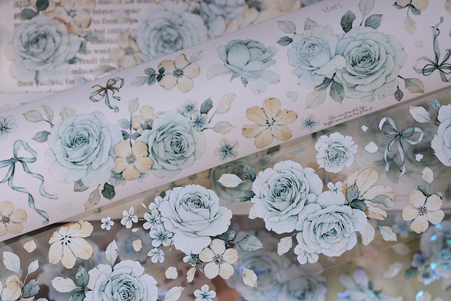 XiaoBaiJia【Clear Sky/Morning Mist】Light Retro Mint Green Flower Orginal Design Washi Pet Floral Tape Landscaping Stickers