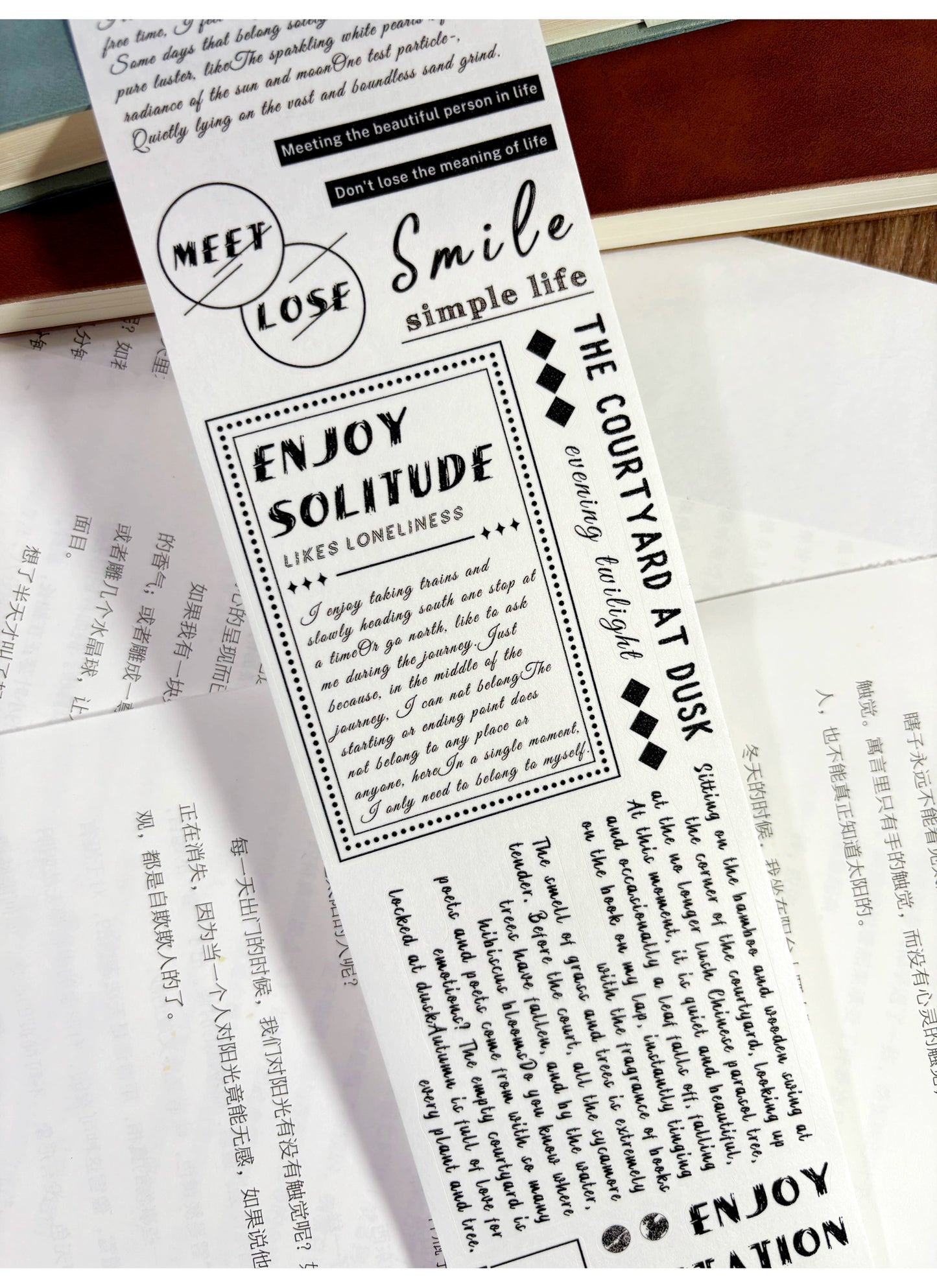 ZiYuanSu【Prose Discourse】English Text Pre-cut Washi/PET Tape,for Scrapbook Supplies,Scrapbook Tape Stickers,Junk Journal Supplies