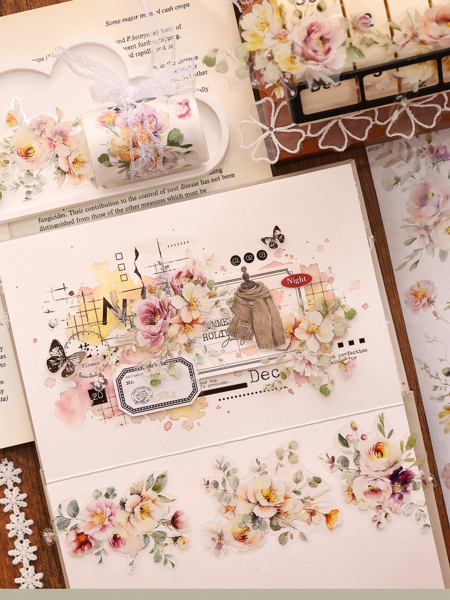 XiaoBaiJia 【Numerous Flowers】Orginal Design Washi/Pet Tape Light Retro Landscaping Stickers,for Scrapbook Supplies,Scrapbook Tape Stickers,Junk Journal Supplies