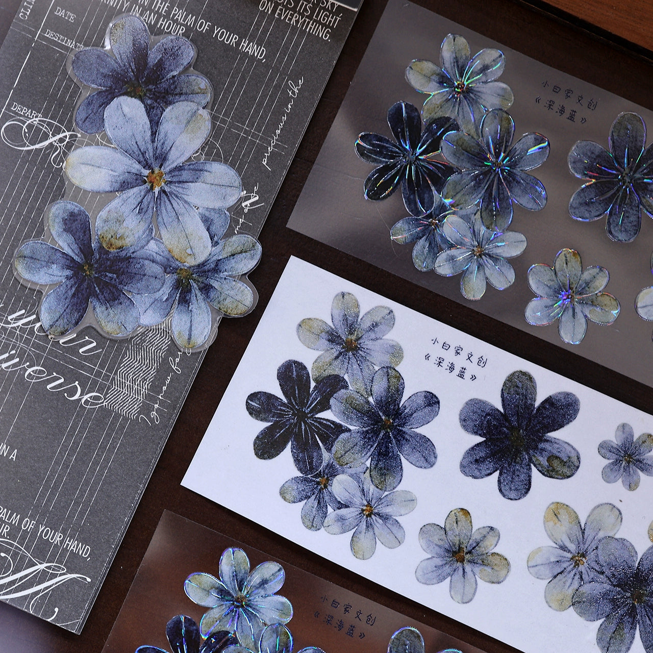 XiaoBaiJia【Deep Blue】Light Retro Blue-Black Flower Orginal Design Washi Pet Floral Tape Landscaping Stickers