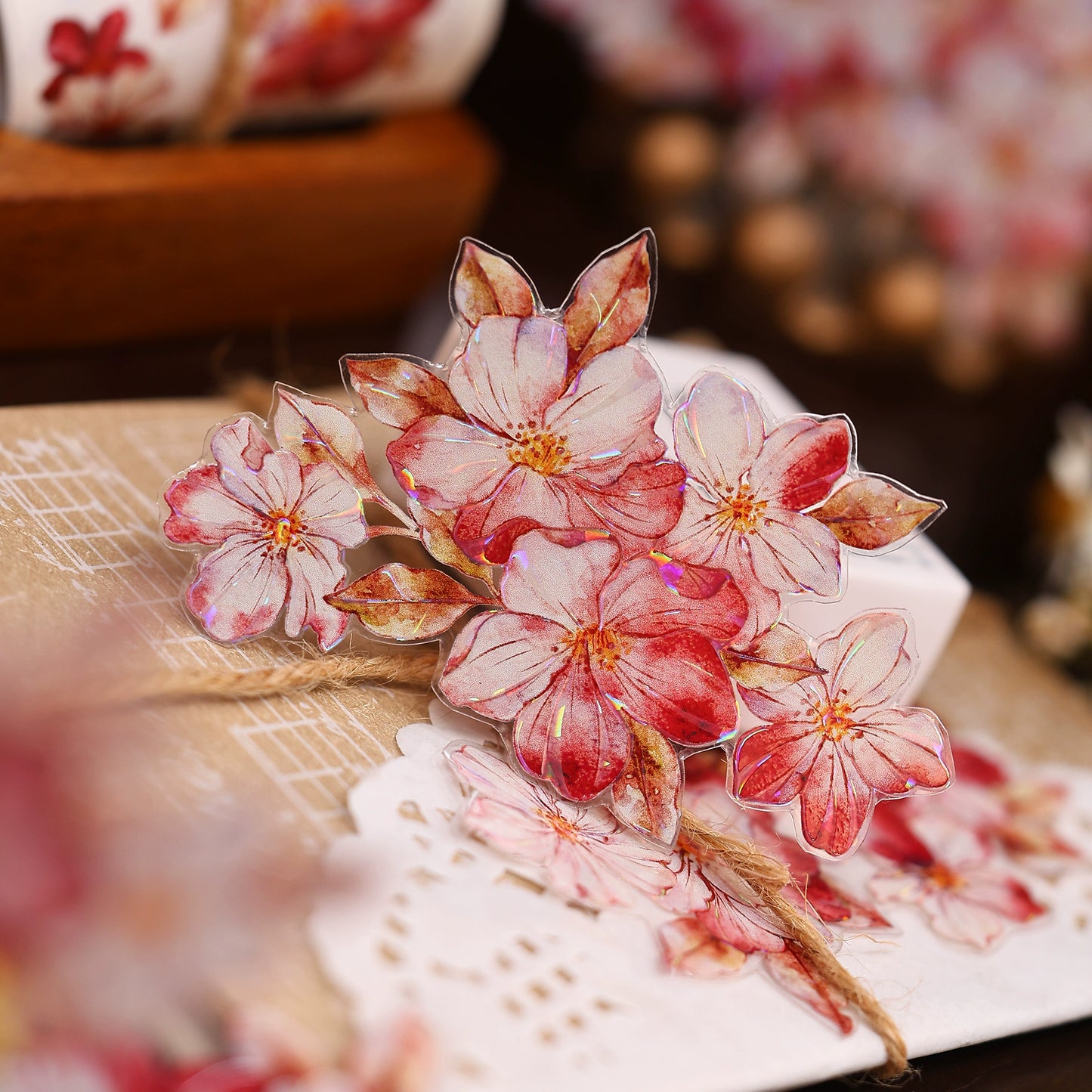 XiaoBaiJia【Red Longing Follower】Light Retro Red Flower Orginal Design Washi Pet Floral Tape Landscaping Stickers