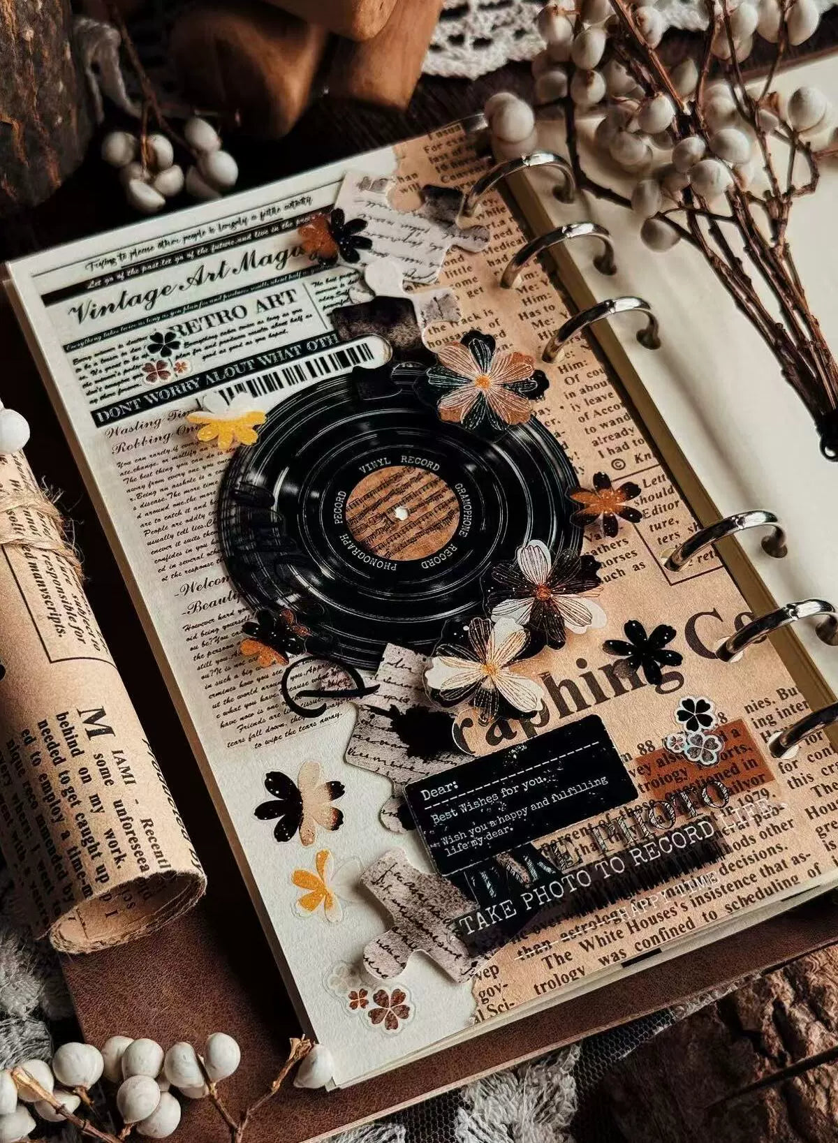 Linlanxi【Record 】 Original Retro Vintage Black Vinyl Record Background Washi/Pet Tape