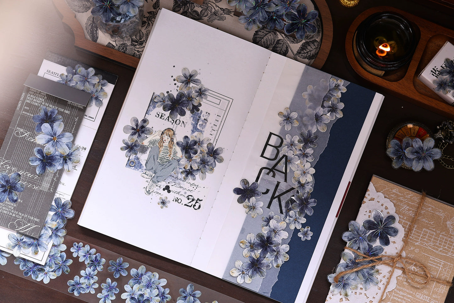 XiaoBaiJia【Deep Blue】Light Retro Blue-Black Flower Orginal Design Washi Pet Floral Tape Landscaping Stickers