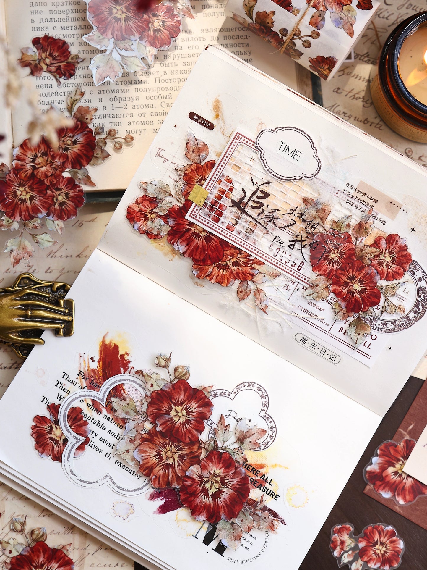 XiaoBaiJia【Hollyhock】Light Retro Red Orange Large and Small Flowers Orginal Design Washi Pet Tape Landscaping Stickers