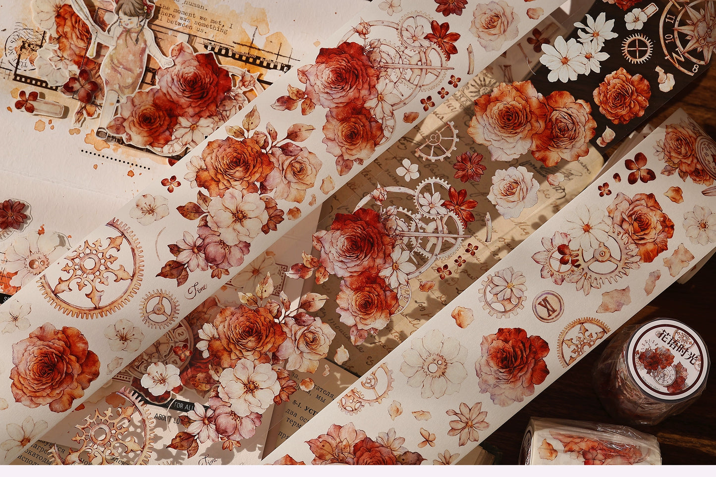 XiaoBaiJia【Flower Language Time】Light Retro Gear Red Moon Season Follower Orginal Design Washi Pet Tape Landscaping Stickers