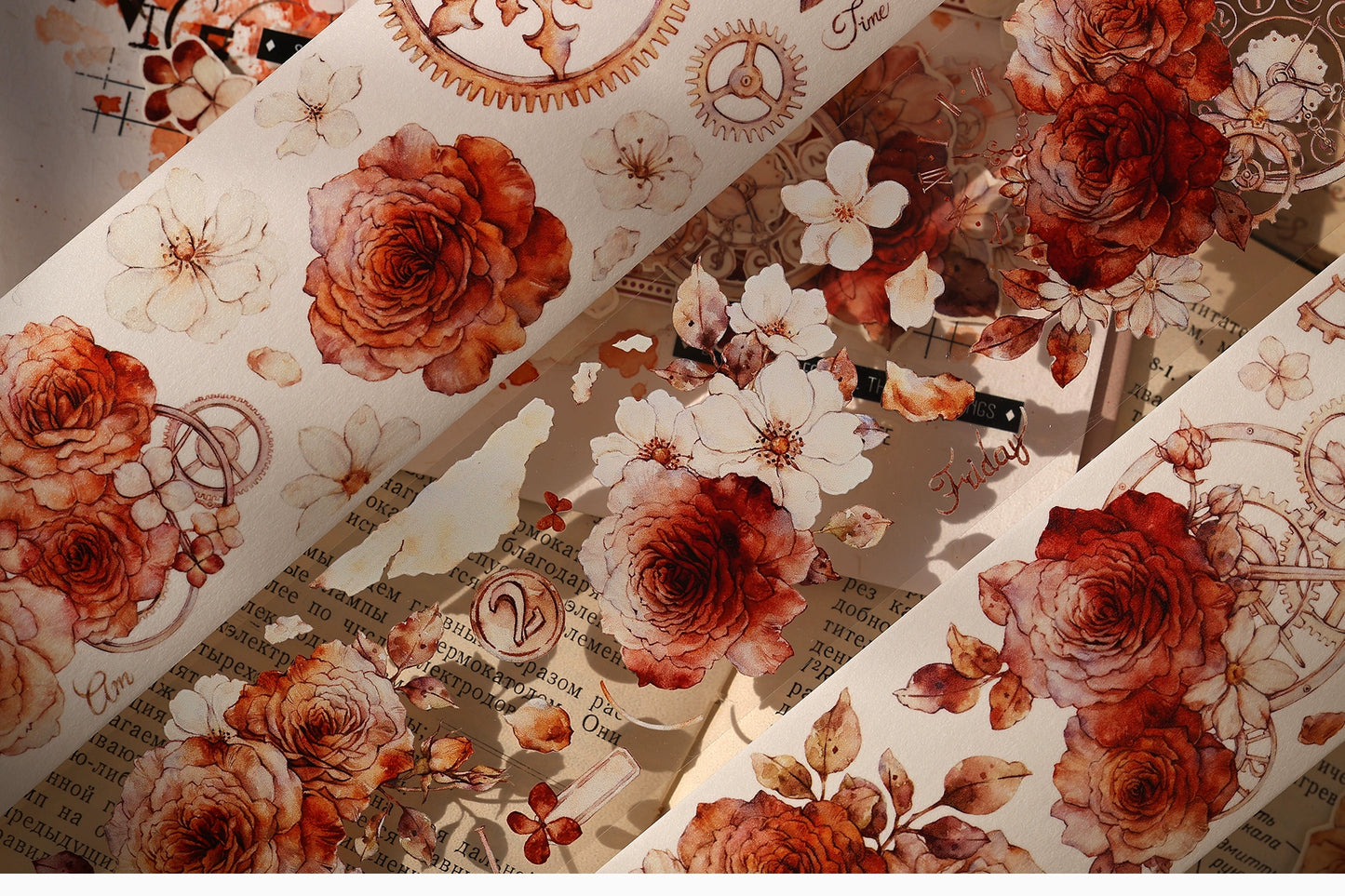 XiaoBaiJia【Flower Language Time】Light Retro Gear Red Moon Season Follower Orginal Design Washi Pet Tape Landscaping Stickers
