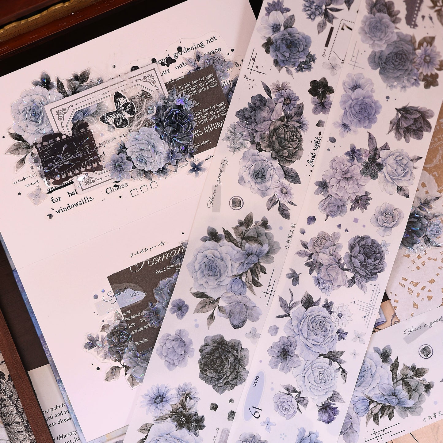 XiaoBaiJia【LanYan / Caramel Latte】Light Retro Flower Orginal Design Washi Pet Floral Tape Landscaping Stickers