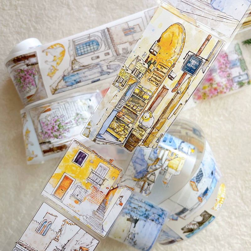 Seahorse Forest Vol6【A38#Corner】Cute Cat and House Scenery,Original Design Pre-Cut Washi/PET Tape Stickers,for Scrapbook Supplies,Junk Journal Supplies