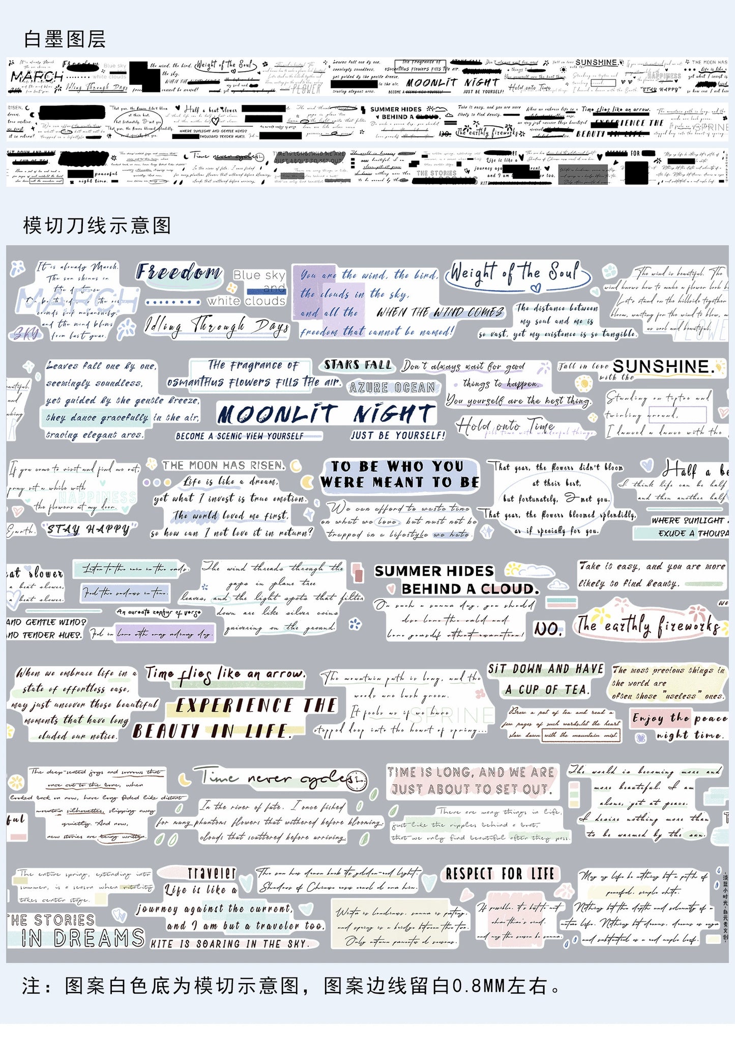 ZiYuanSu【Light Blue and Little Time】Background Text Pre-cut Washi/PET Tape,for Scrapbook Supplies,Scrapbook Tape Stickers,Junk Journal Supplies