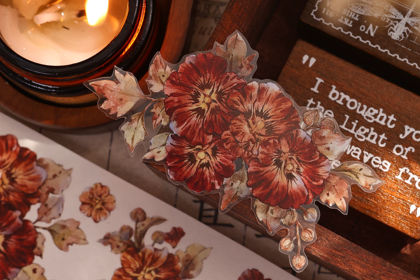 XiaoBaiJia【Hollyhock】Light Retro Red Orange Large and Small Flowers Orginal Design Washi Pet Tape Landscaping Stickers