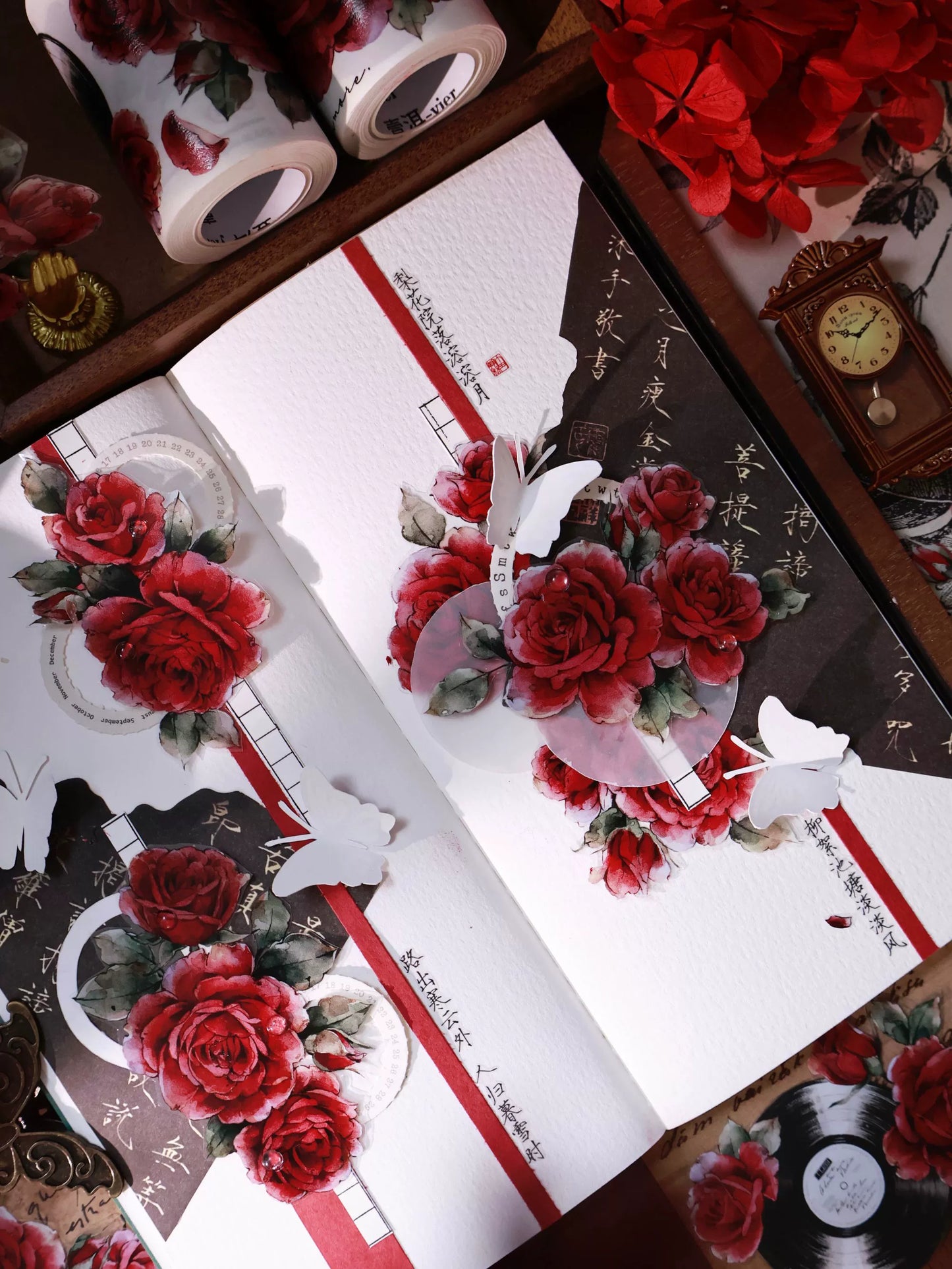 YiEr Vol14【Old Red Paper】Red Rose Floral Washi Tape and PET Stickers