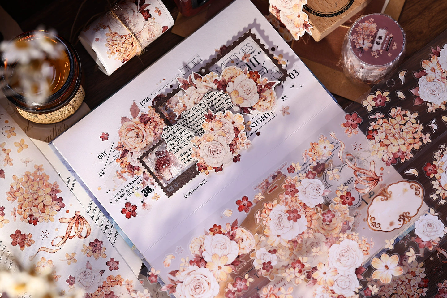 XiaoBaiJia【Tea Dyeing】Light Retro Flowers Orginal Design Washi Pet Tape Stickers