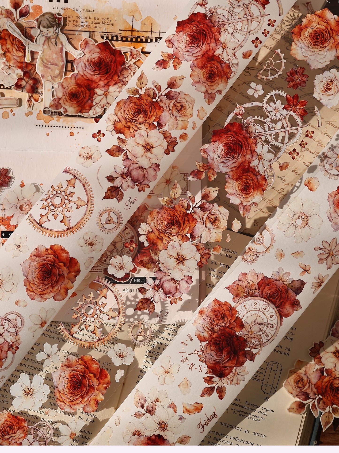 XiaoBaiJia【Flower Language Time】Light Retro Gear Red Moon Season Follower Orginal Design Washi Pet Tape Landscaping Stickers