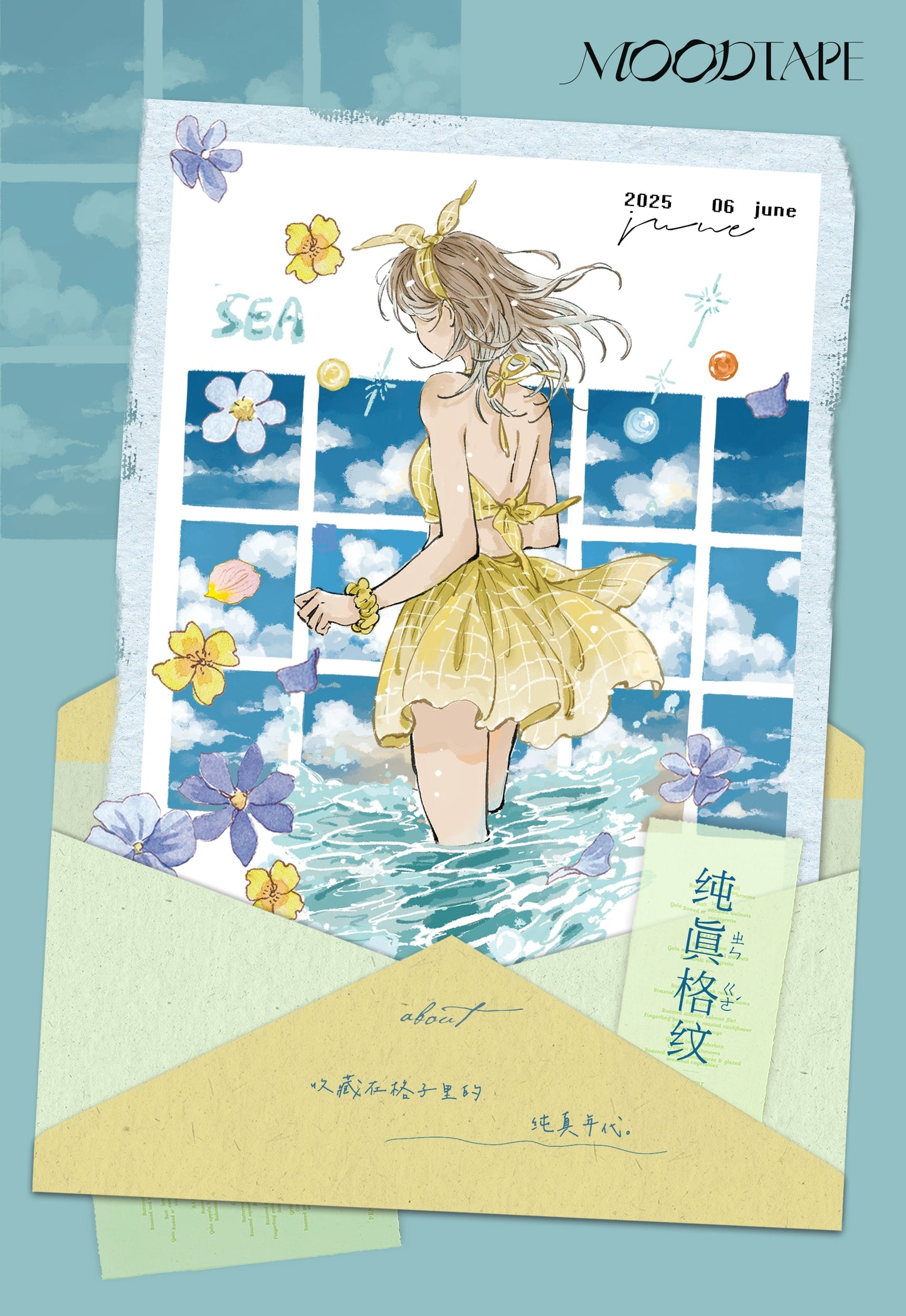 Moodtape【Pure Grid Pattern&Wind Blows Thoughts&Blue Seasons&Bright Sunshine】Cute Character Original Washi Tape Stickers,for Scrapbook Supplies,Scrapbook Tape Stickers,Junk Journal Supplies