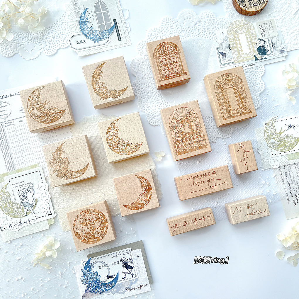 Yiying Yimengwu 【Window Under the Moon】Light Retro Moon Window Wooden Stamp