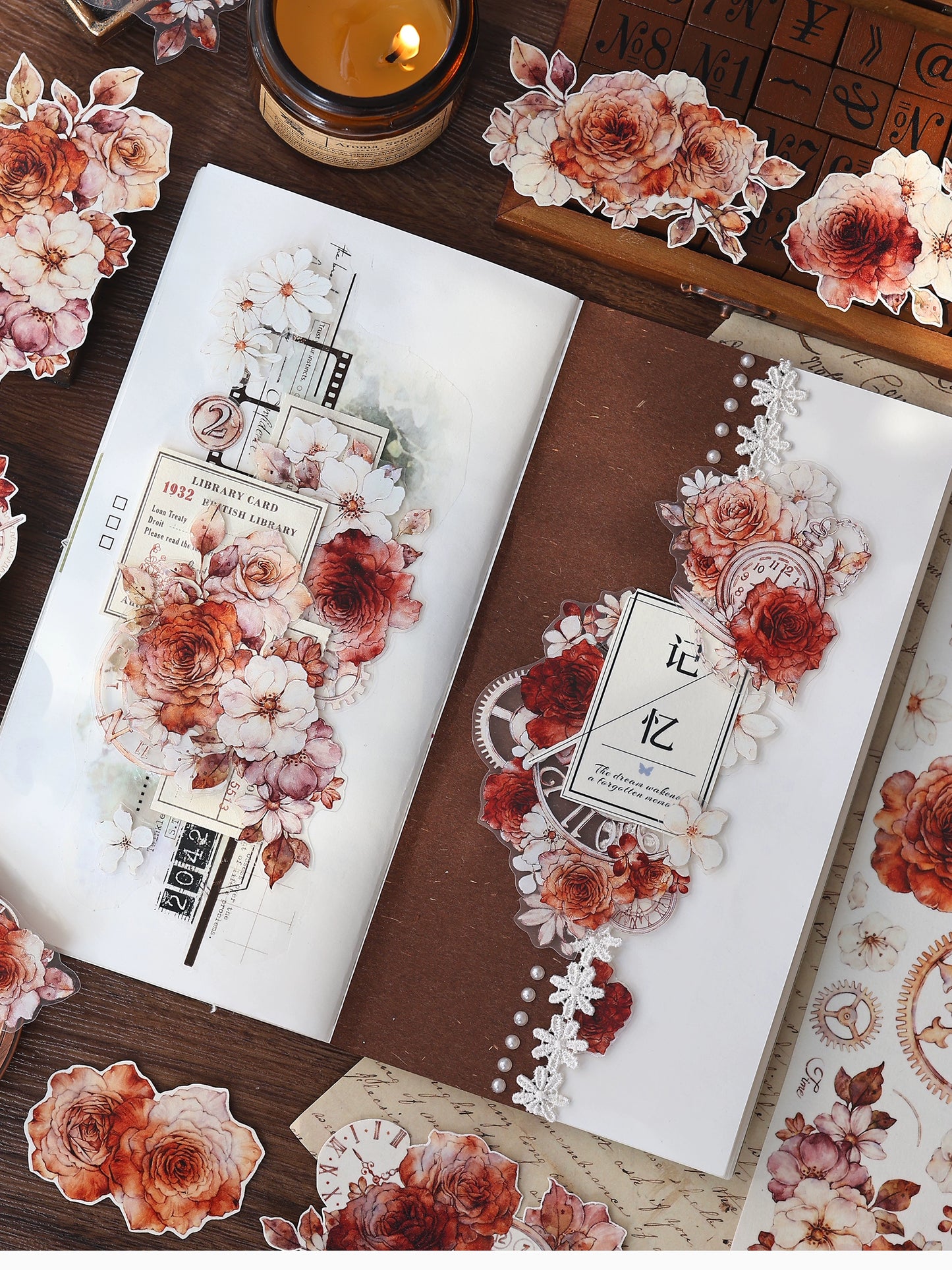XiaoBaiJia【Flower Language Time】Light Retro Gear Red Moon Season Follower Orginal Design Washi Pet Tape Landscaping Stickers