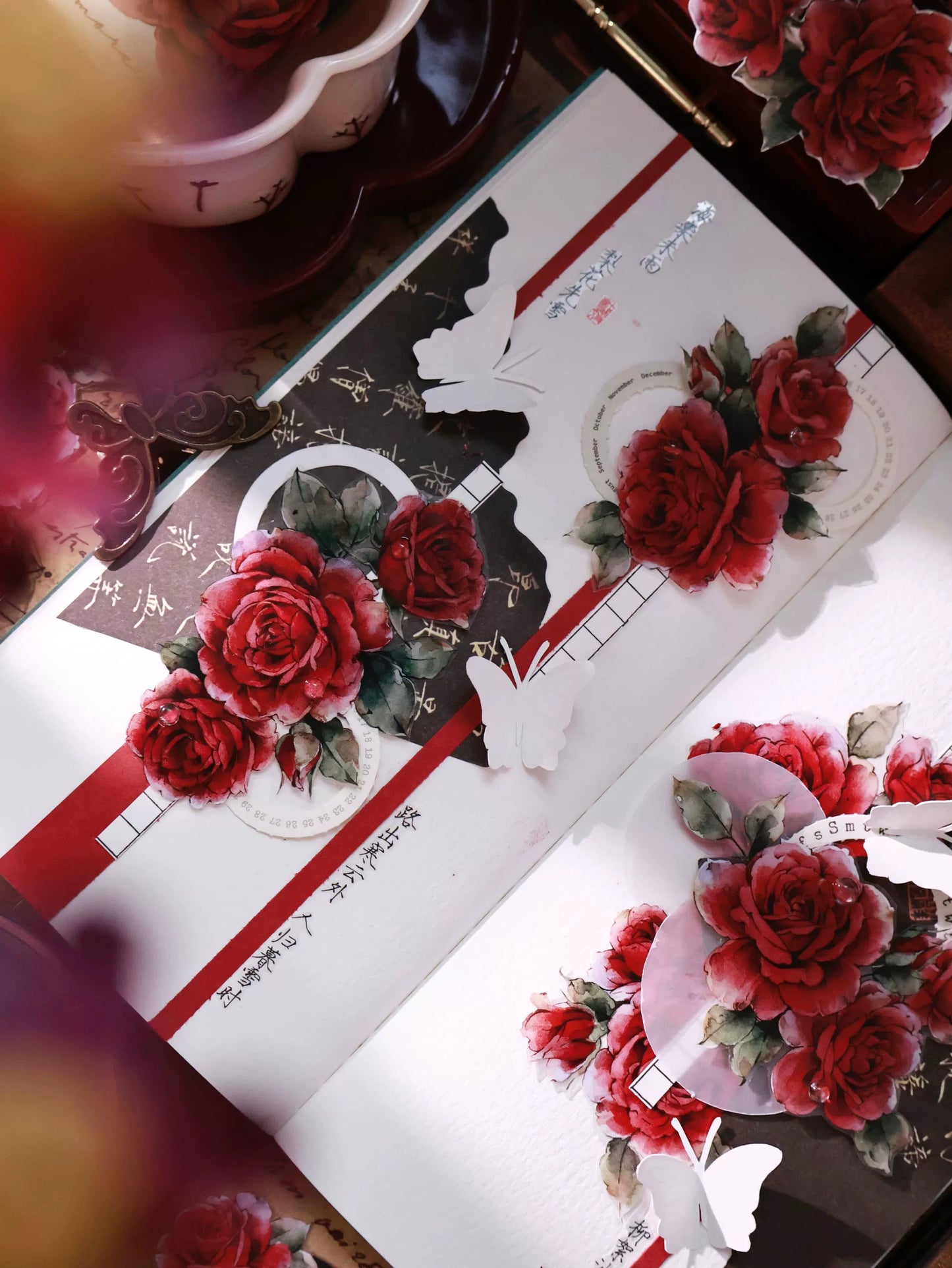 YiEr Vol14【Old Red Paper】Red Rose Floral Washi Tape and PET Stickers