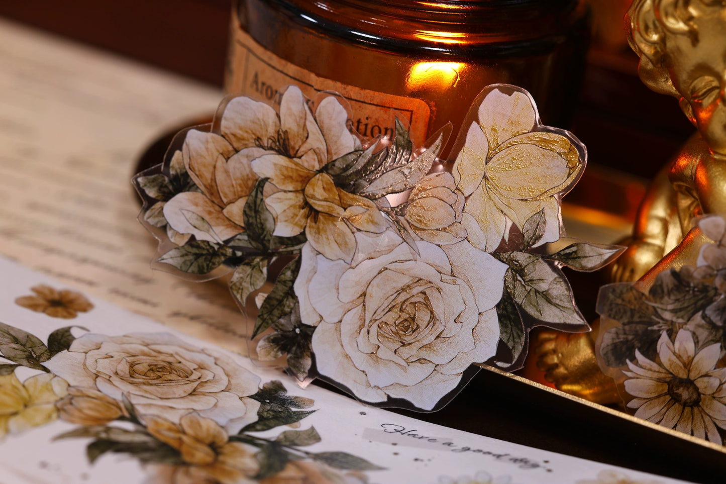 XiaoBaiJia【LanYan / Caramel Latte】Light Retro Flower Orginal Design Washi Pet Floral Tape Landscaping Stickers
