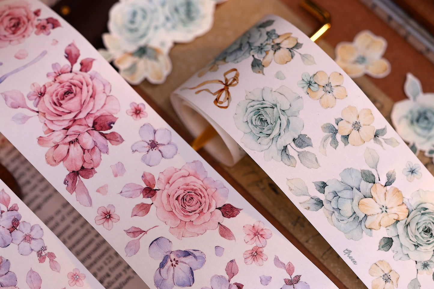 XiaoBaiJia【Clear Sky/Morning Mist】Light Retro Mint Green Flower Orginal Design Washi Pet Floral Tape Landscaping Stickers