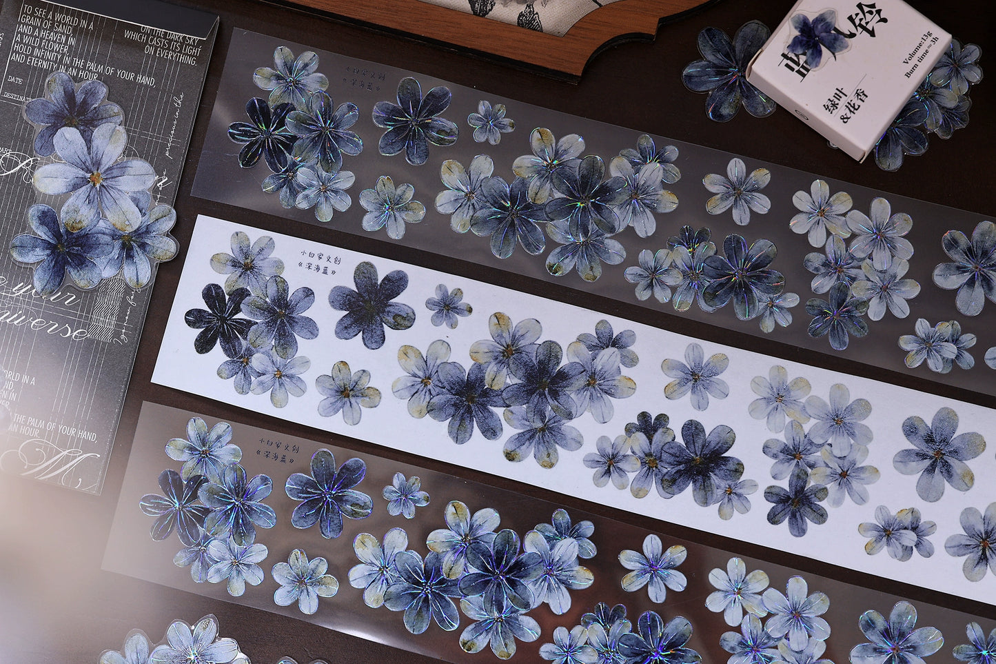 XiaoBaiJia【Deep Blue】Light Retro Blue-Black Flower Orginal Design Washi Pet Floral Tape Landscaping Stickers