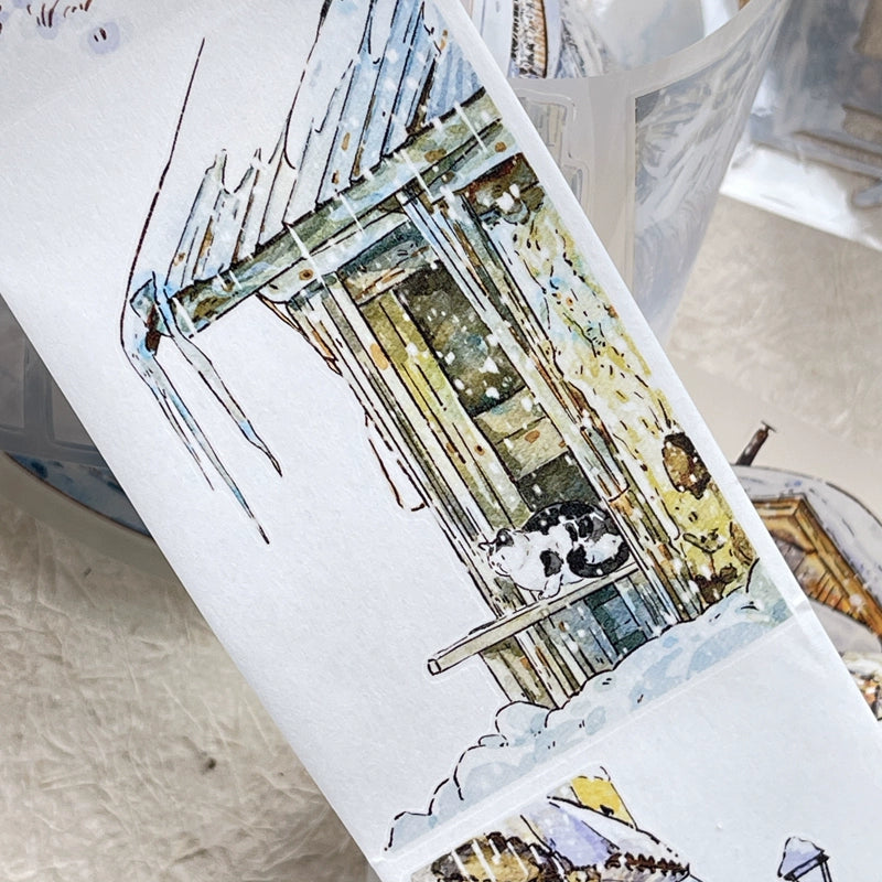 DingDing Vol8【27#Winter】Cute Cat&Rabbit&Fox and Snow Scene,Original Character Design Vintage Casualness Girl Washi/PET Tape Stickers, for Scrapbook Supplies,Scrapbook Tape Stickers,Junk Journal Supplies