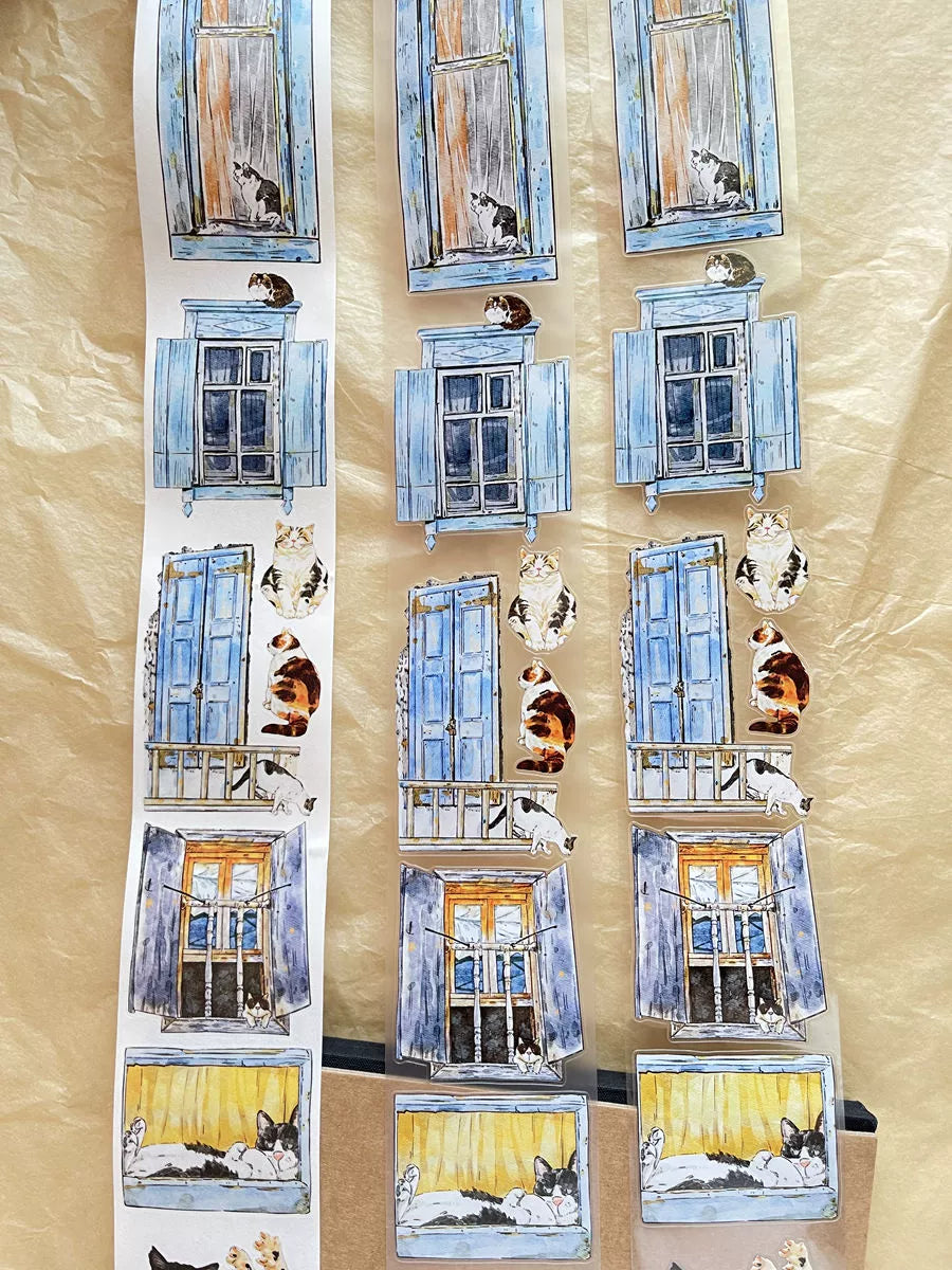 Seahorse Forest Vol5【A31#Inside and Outside】Cute Cat and Doors&Windows Scene,Original Design Pre-Cut Washi/PET Tape Stickers,for Scrapbook Supplies,Junk Journal Supplies