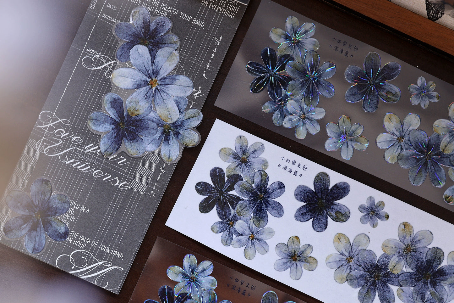 XiaoBaiJia【Deep Blue】Light Retro Blue-Black Flower Orginal Design Washi Pet Floral Tape Landscaping Stickers