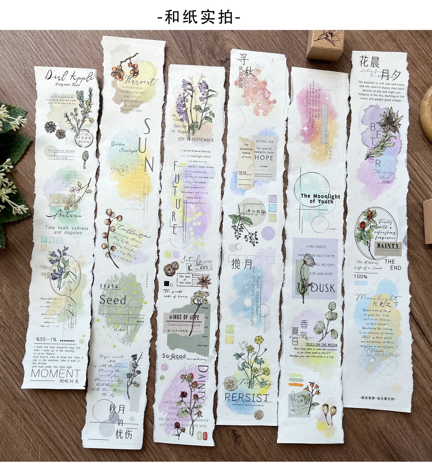 ZiYuanSu【Autumn Like A Dream】English Text Pre-cut Washi/PET Tape,for Scrapbook Supplies,Scrapbook Tape Stickers,Junk Journal Supplies